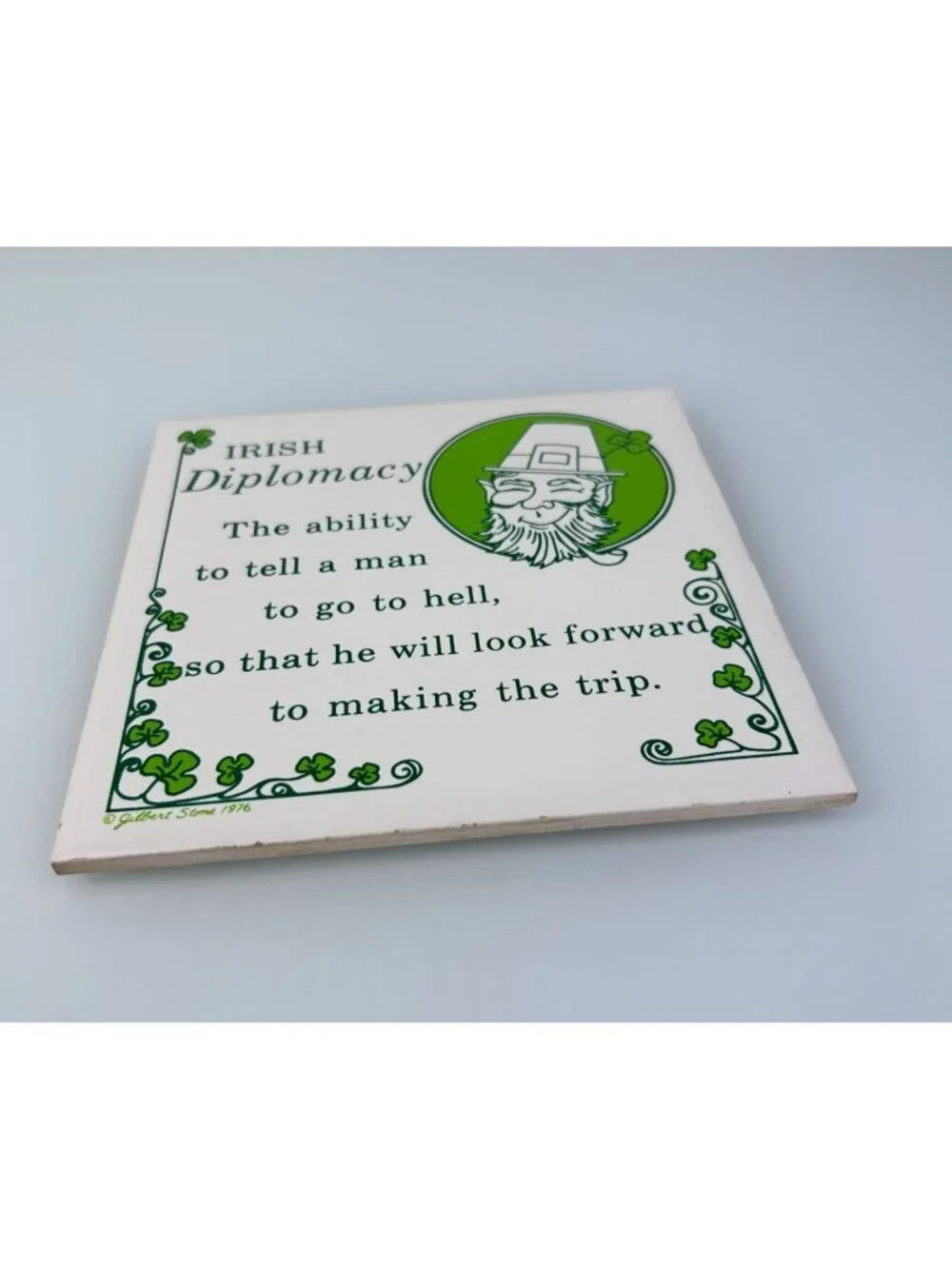 Vintage Gilbert Stone Irish Diplomacy Humor Quote Wall Tile Art Leprechaun READ